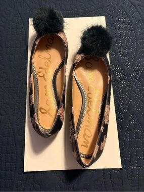 Sam Edelman Navy Raddie Pointy Toe Flats with Faux Fur Pom Poms